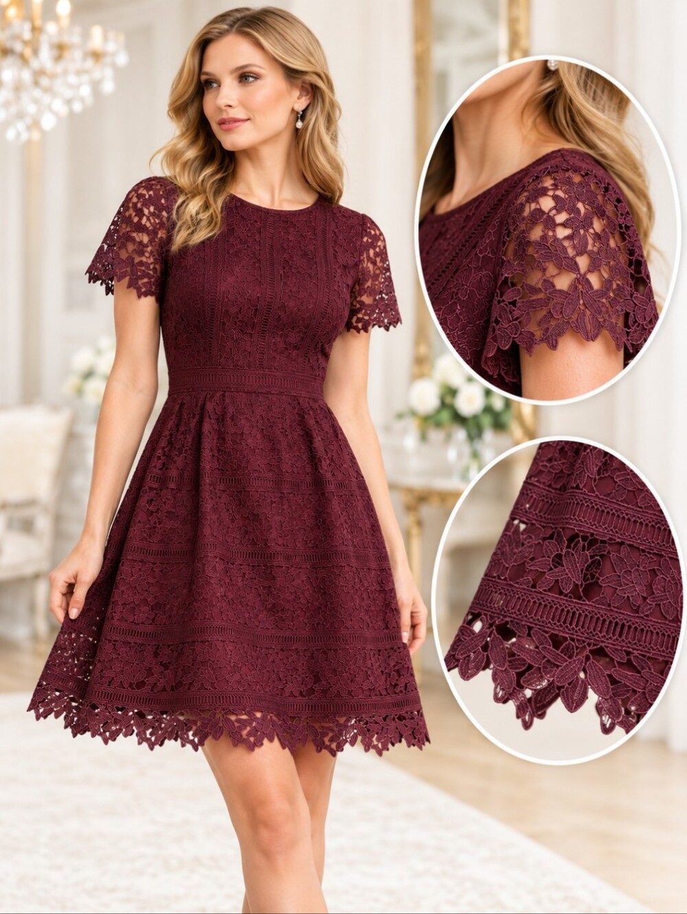 Talbots Burgundy Floral Lace Fit & Flare Cocktail Wedding Guest Dress Sz 4 EUC